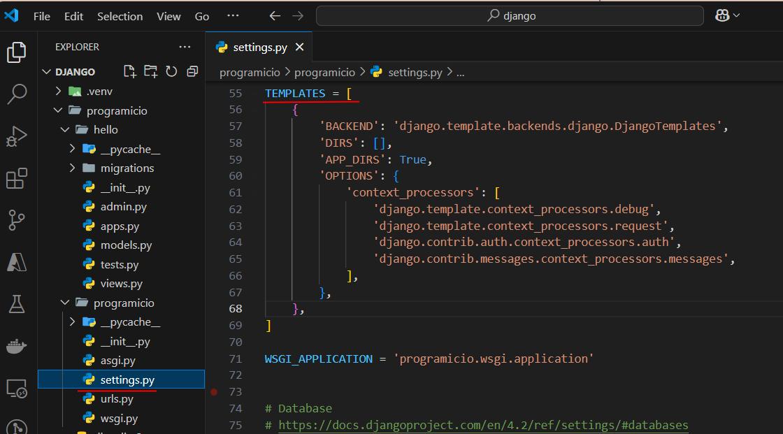 Arquivo settings.py do projeto programicio