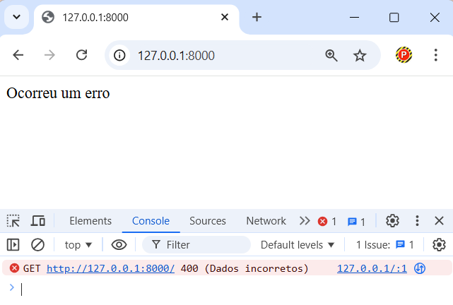 Console do desenvolvedor exibindo mensagem de erro com status 400