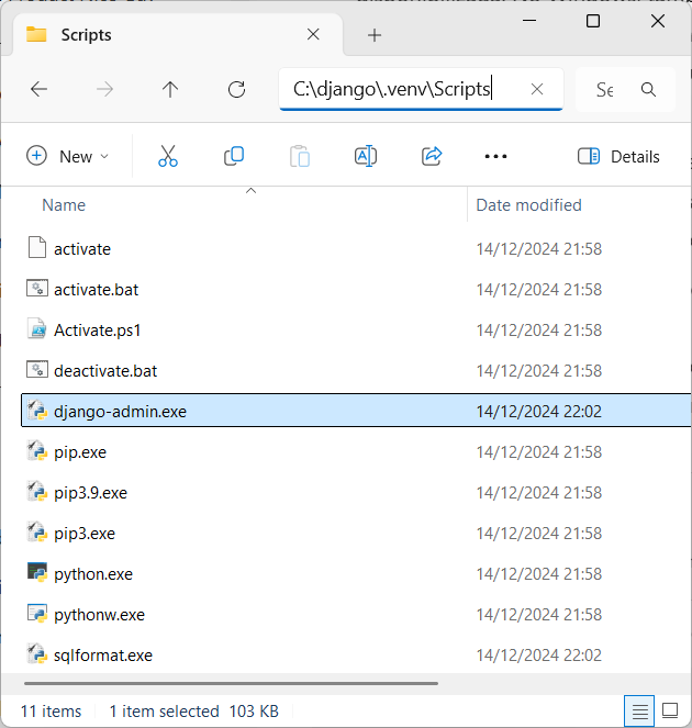 Estutura de diretório Scripts da ferramenta django-admin no Windows