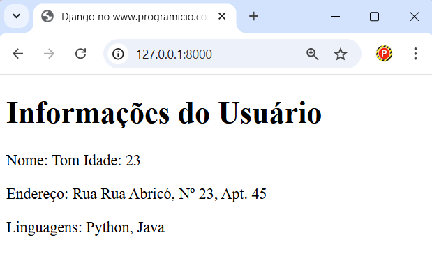 Navegador exibindo dados complexos inseridos no template pelo Django