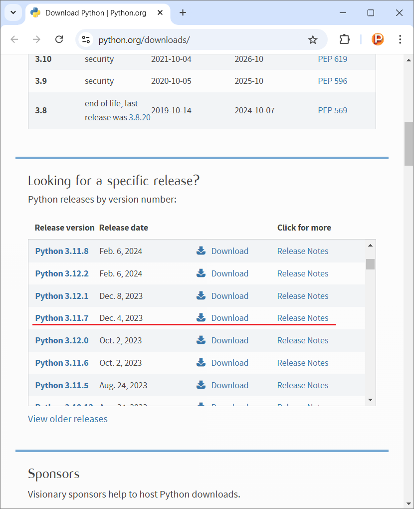 Página de downloads do Python para Windows