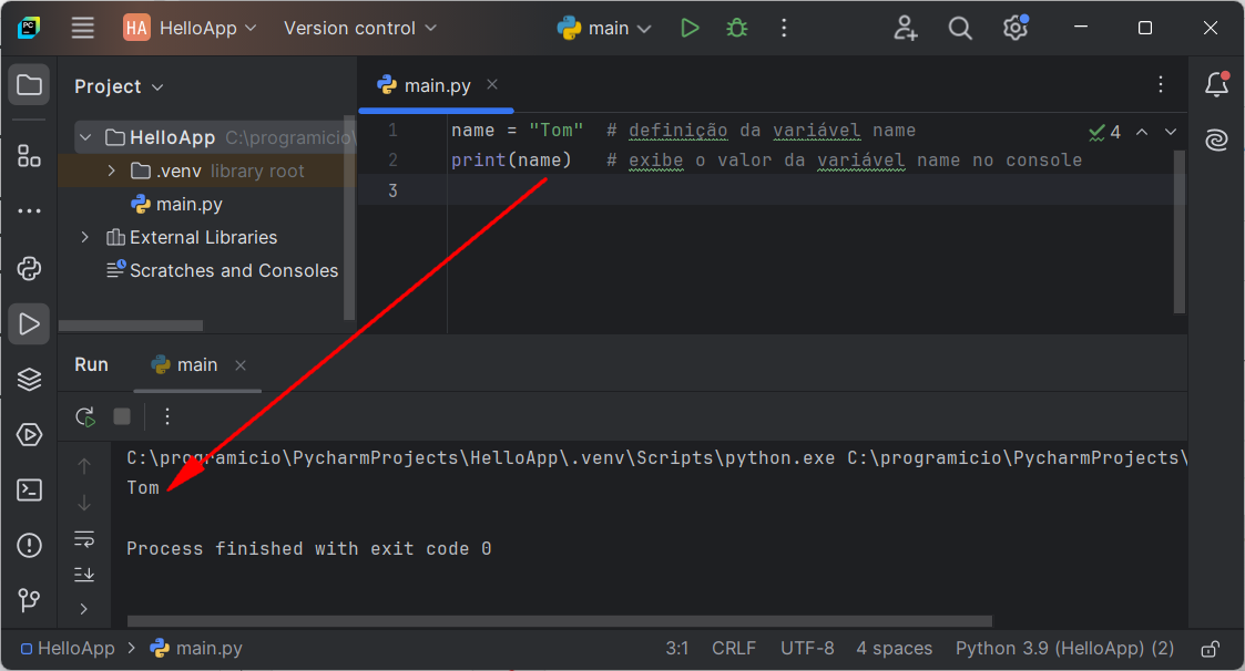 Definição e uso da variável no ambiente PyCharm