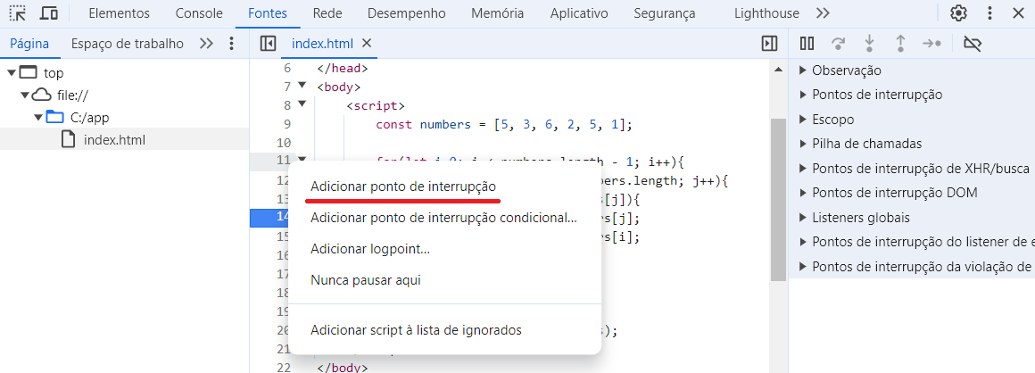 Configuração de um ponto de interrupção no Chrome DevTools