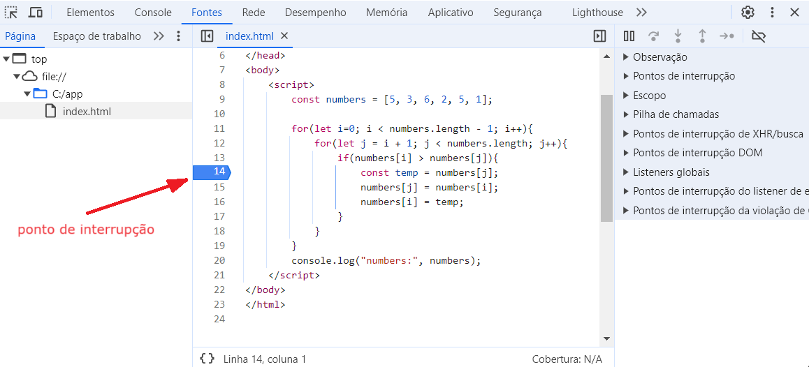 Configuração de um ponto de interrupção no código JavaScript no Chrome DevTools