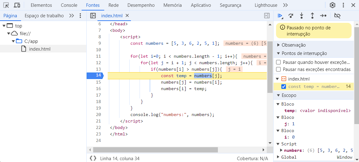 Execução do programa JavaScript e pontos de interrupção no código no Chrome DevTools