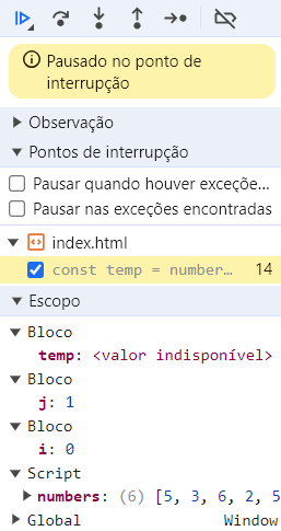 Execução do programa JavaScript e pontos de interrupção no código no Chrome DevTools