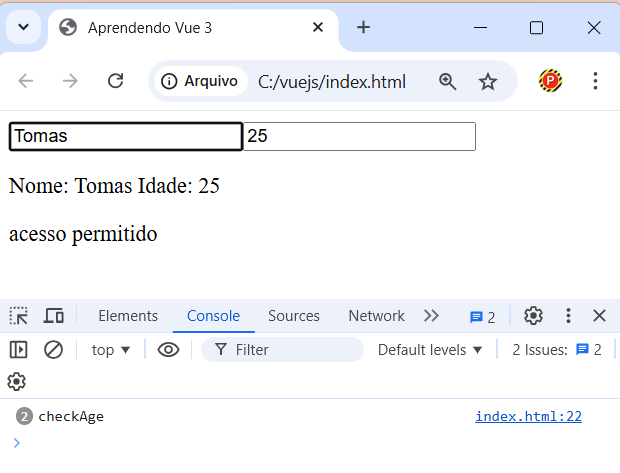 Exemplo do problema relacionado ao uso de v-model em Vue.js